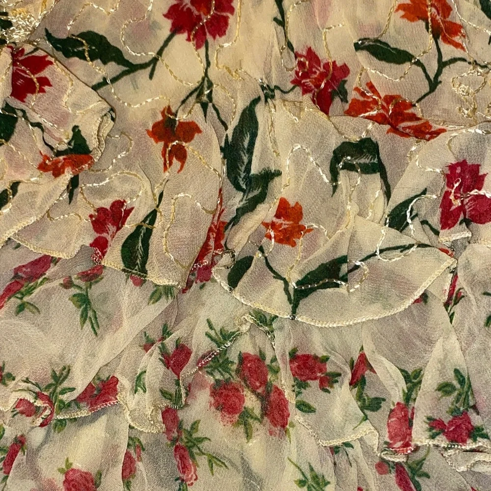 Pale Yellow Embroidered Skirt with Red and Green Floral Accents - Picture 4 of 4